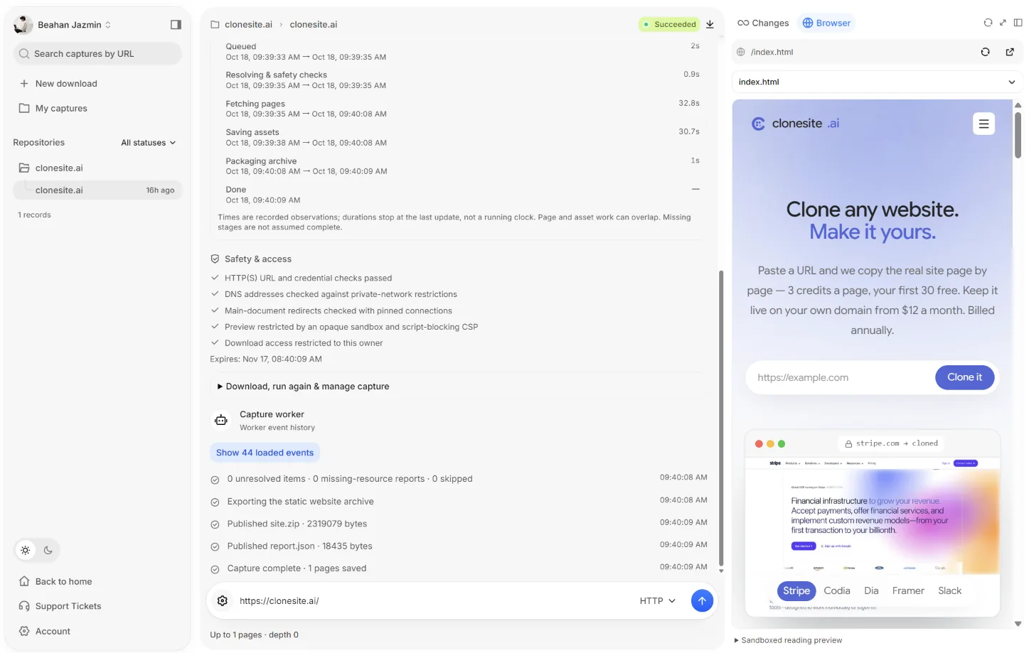 Website Copier capture detail for clonesite.ai: stage timeline, safety checks and worker events next to the live static preview