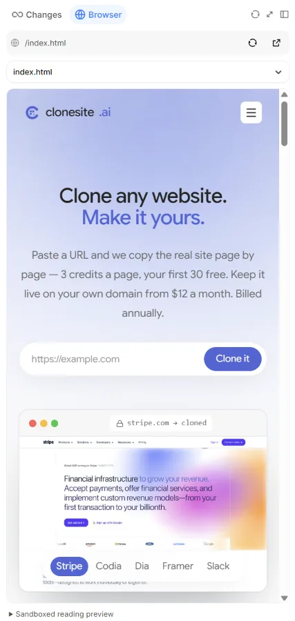 Website Copier live sandboxed preview of the captured clonesite.ai homepage