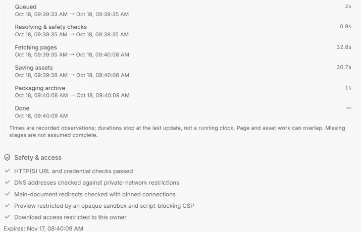 Website Copier stage timeline and safety and access checks for a finished capture